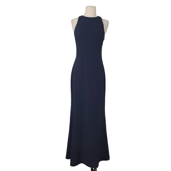 BHLDN Klara Crepe Maxi Dress Gown Sz 6 Navy Blue Halter Crisscross Bridesmaid - Picture 3 of 13